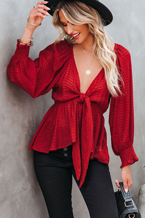 Find Yourself Tie-Front V-Neck Smocked Top - 5 Colors Red