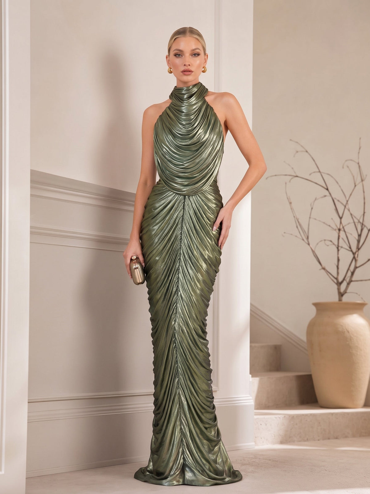 Halter Neck Metallic Pleated Mermaid Evening Gown