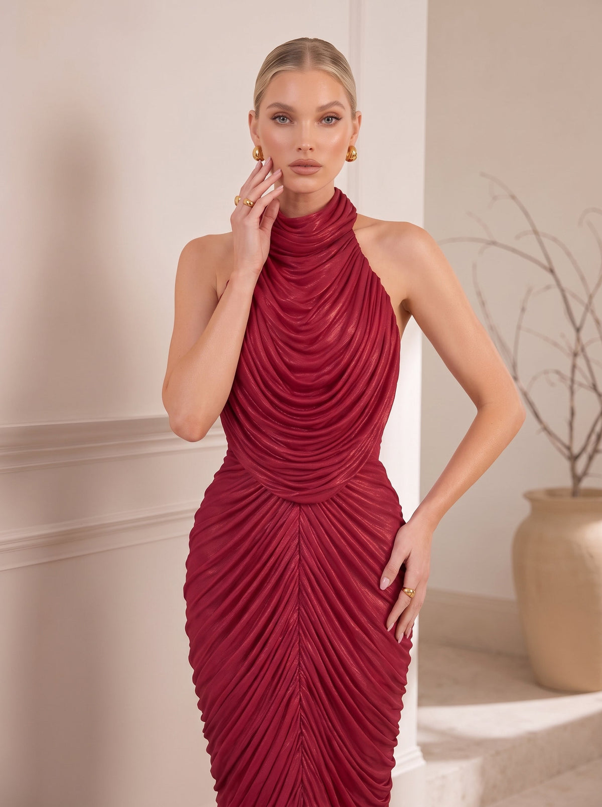 Halter Neck Metallic Pleated Mermaid Evening Gown