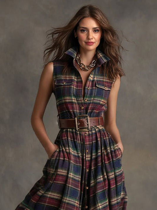 Casual Plaid Print Sleeveless Shirt Maxi Dress