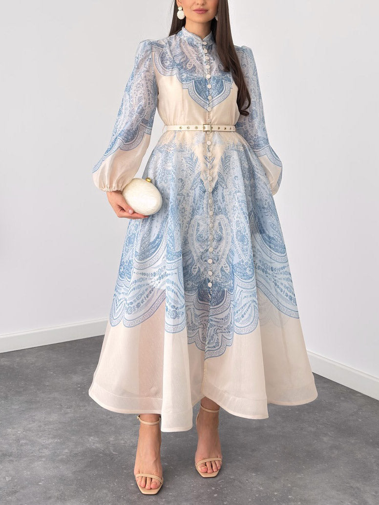Exquisite Paisley Print Shirt A-Line Maxi Dress Blue
