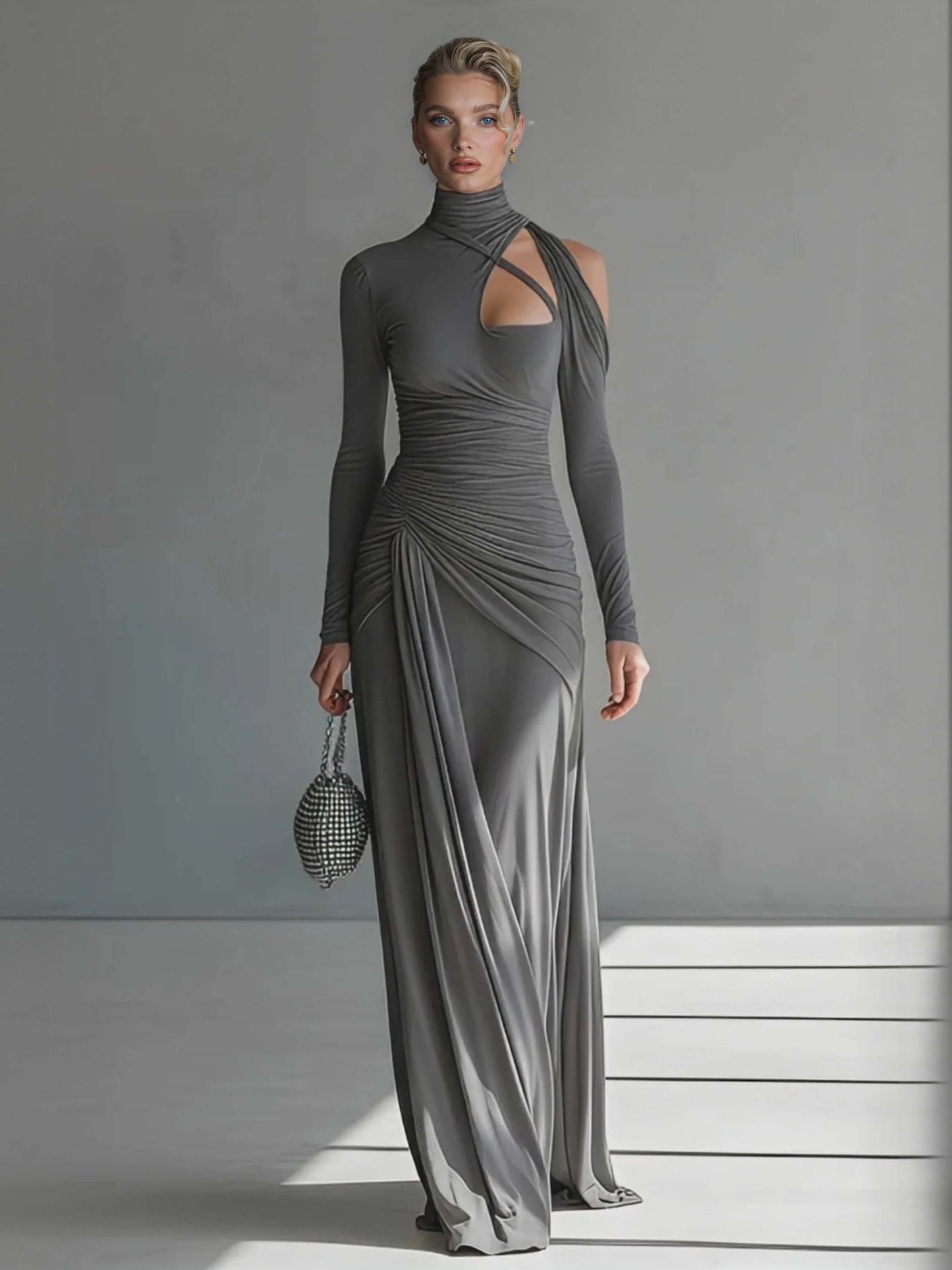 Casual Silky Stretch Pleated Cutout Maxi Dress Grey