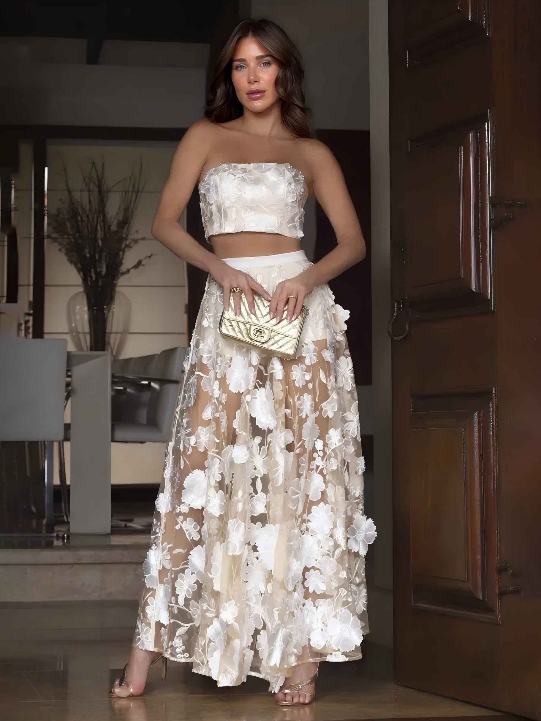 Elegant Strapless Floral Lace Crop Top & Maxi Skirt Two-Piece Set Cream Set