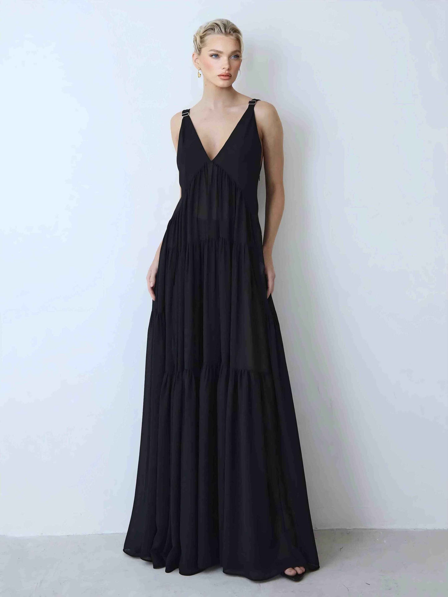Elegant Chiffon Cape Top And Tiered Maxi Skirt Two-Piece Set Black Dress