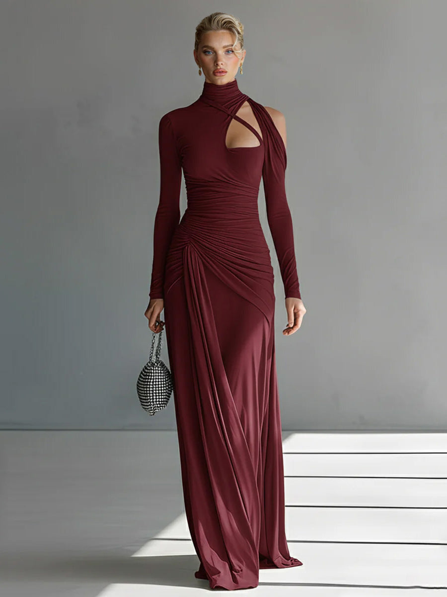 Casual Silky Stretch Pleated Cutout Maxi Dress Red