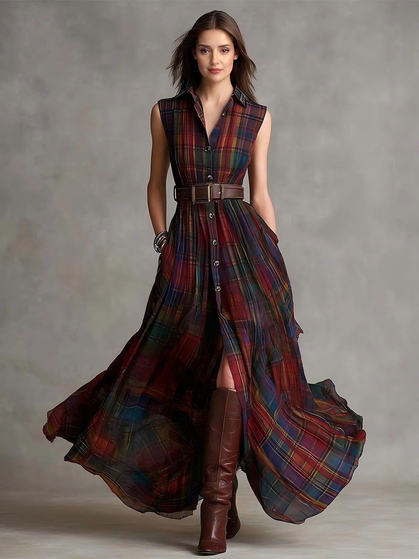 Casual Colorful Plaid Sleeveless Maxi Dress Multi