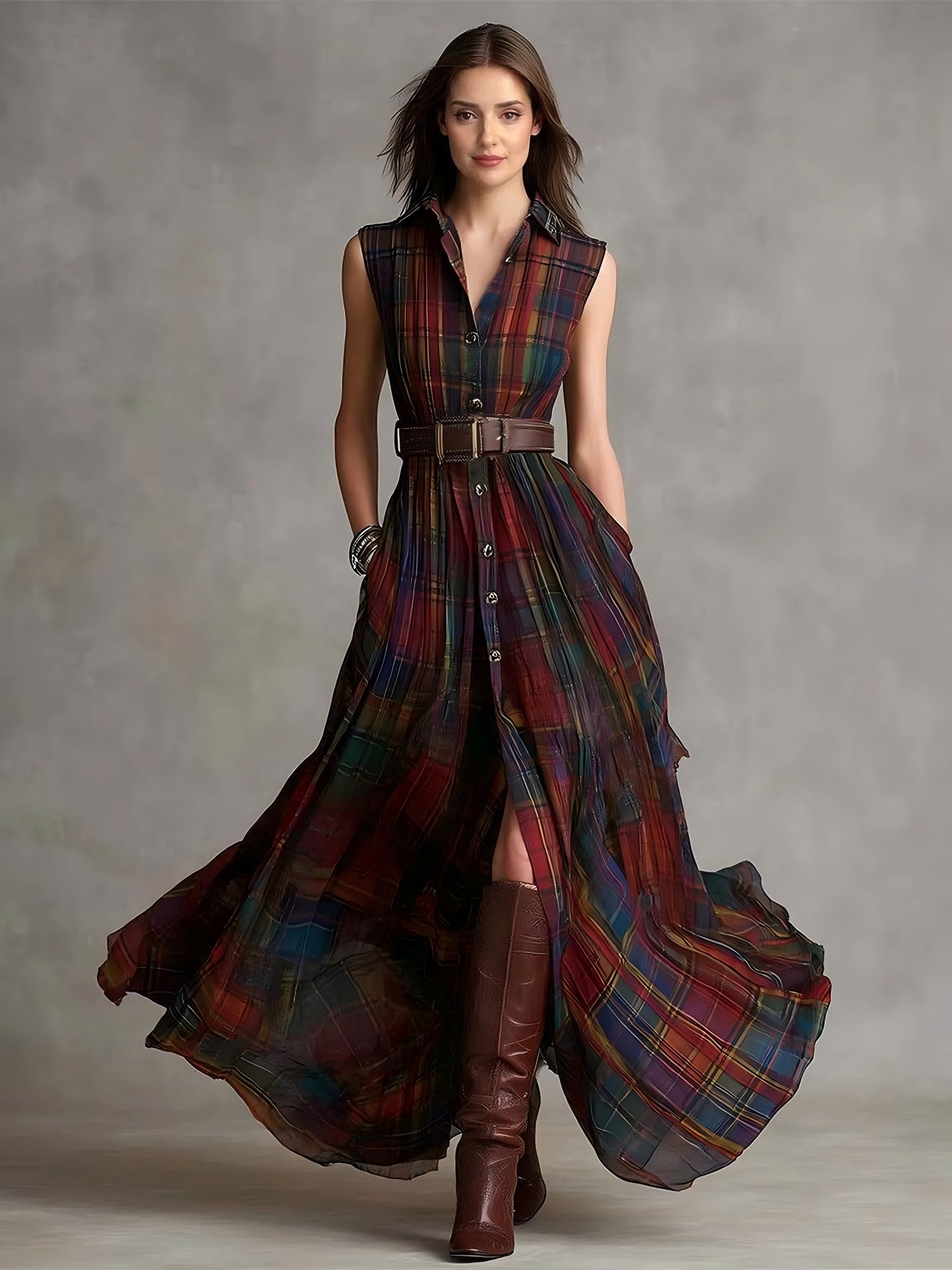 Casual Colorful Plaid Sleeveless Maxi Dress Multi
