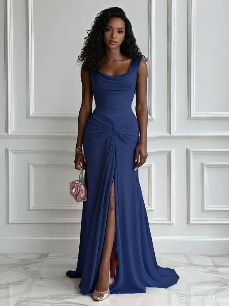 Elegant Pleated Twist-Front High-Slit Maxi Dress Dark Blue