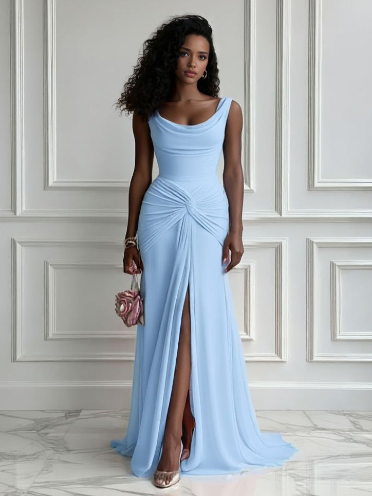 Elegant Pleated Twist-Front High-Slit Maxi Dress Blue
