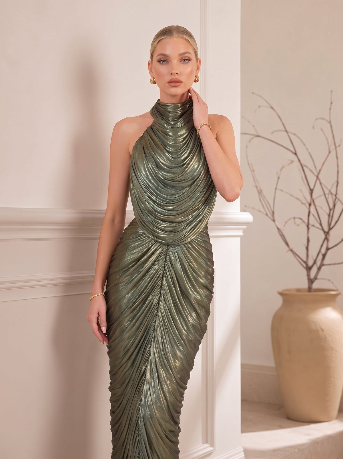Halter Neck Metallic Pleated Mermaid Evening Gown