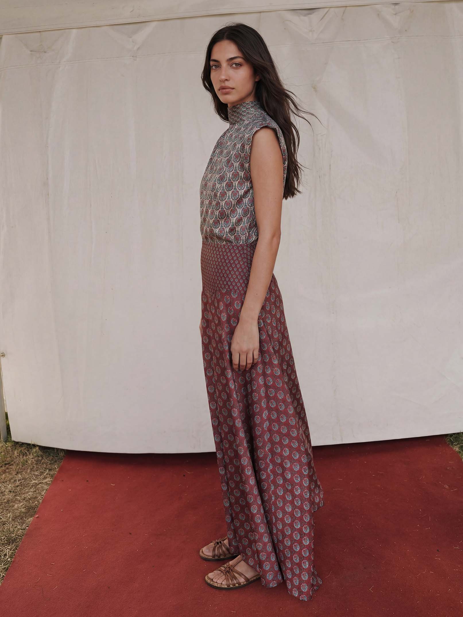 Retro Print Scarf Neck Top & Flowing Maxi Skirt Two-Piece Set