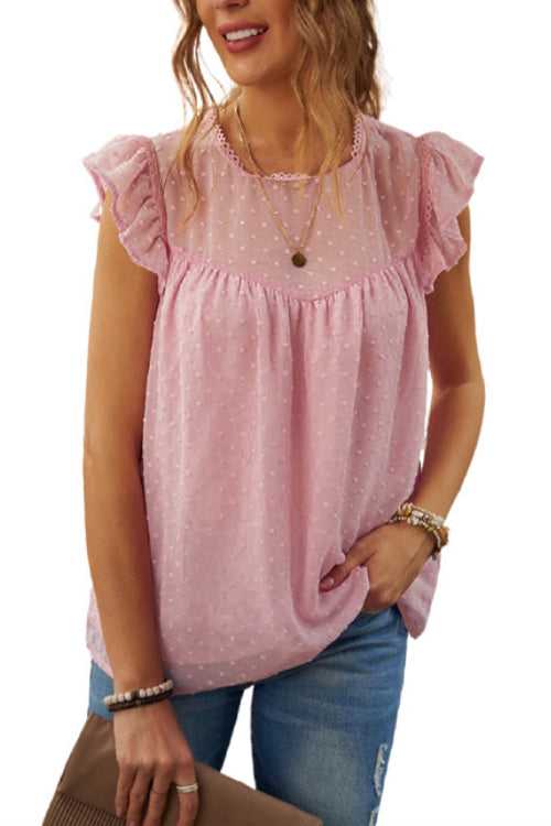 Chic Encounter Lace Dotted Short Sleeve Top - 3 Colors Pink