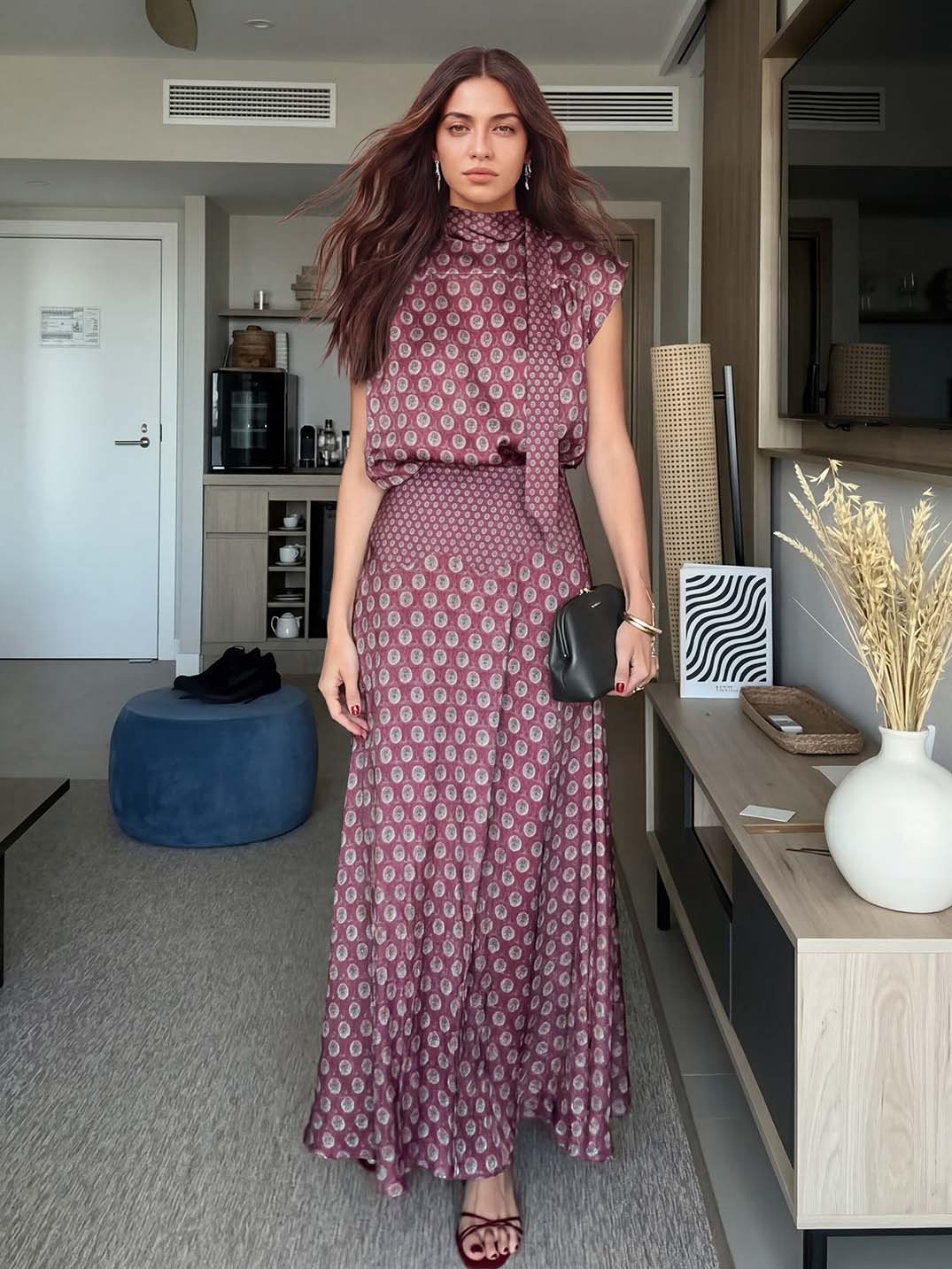 Retro Print Scarf Neck Top & Flowing Maxi Skirt Two-Piece Set Red Set