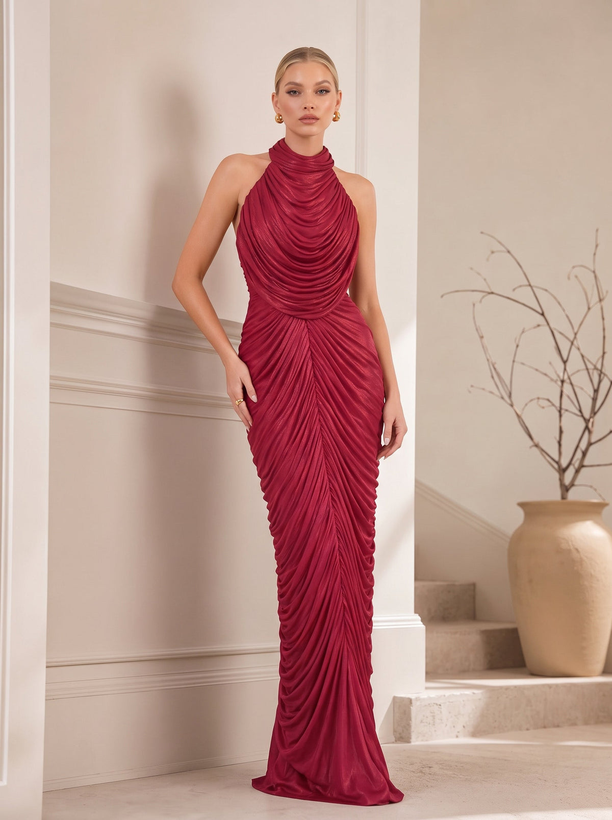 Halter Neck Metallic Pleated Mermaid Evening Gown