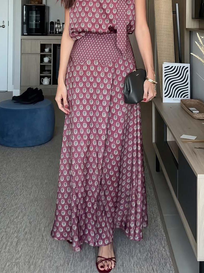 Retro Print Scarf Neck Top & Flowing Maxi Skirt Two-Piece Set