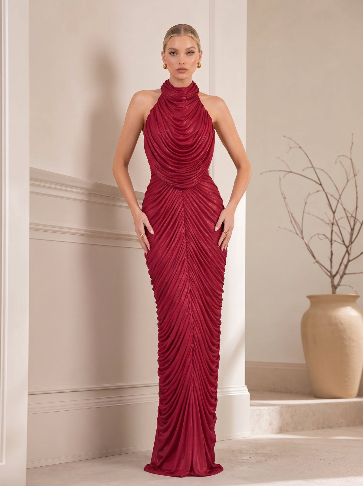 Halter Neck Metallic Pleated Mermaid Evening Gown
