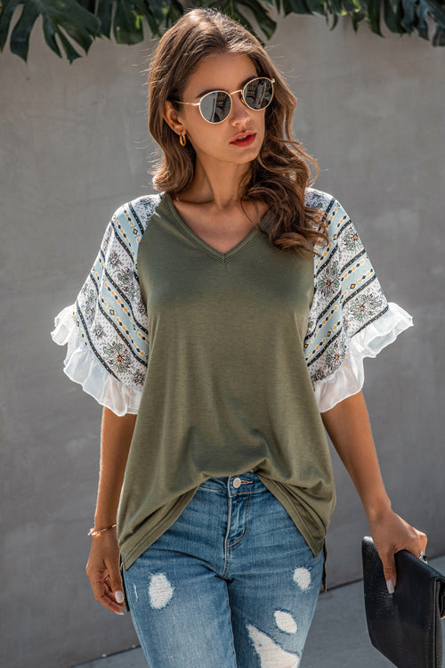 Forever Favorite Boho Printed Sleeve Top - 2 Colors Olive Green