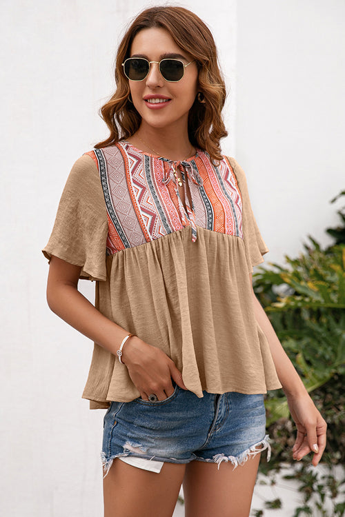 Closer To You Boho Printed Short Sleeve Top - 4 Colors Khaki