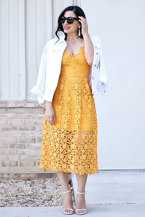 Lace Hollow-out Midi Dress Yellow