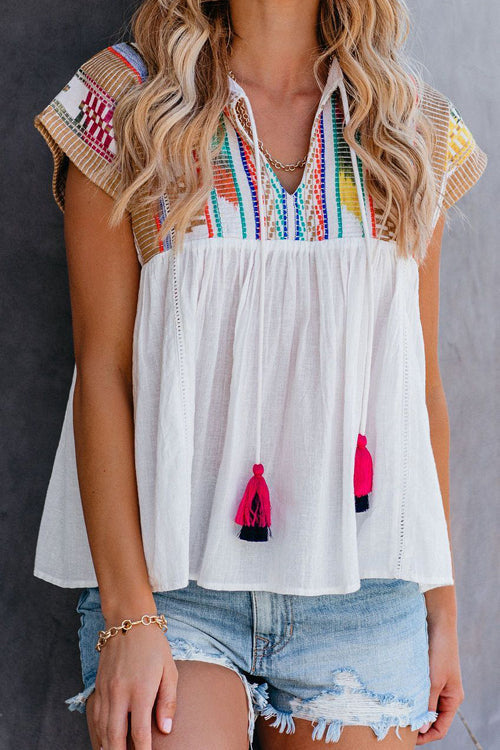 Preorder-Keep Dreamin' Tassel Boho Embroidered Top - 2 Colors White