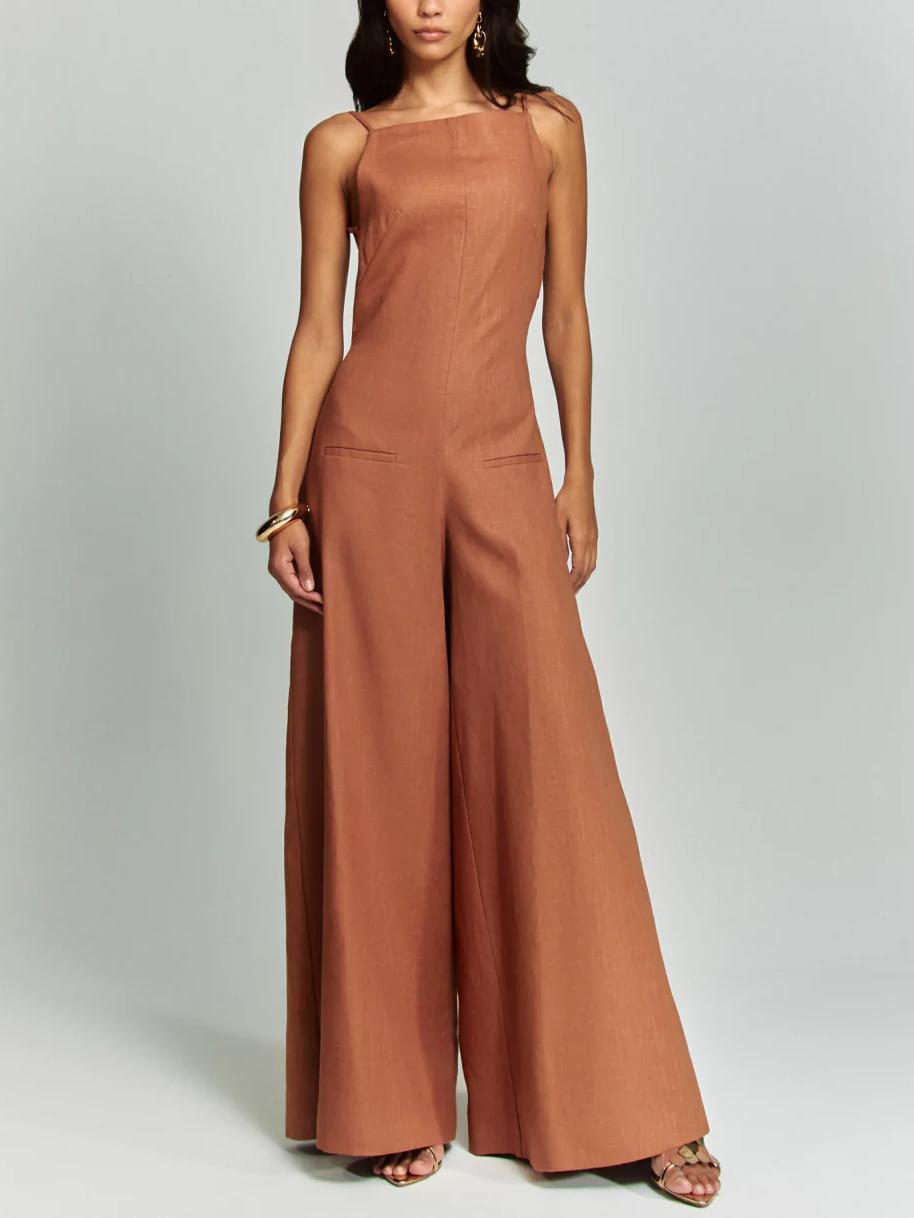 Casual Classic Suspender Wide Leg Jumpsuit Brown