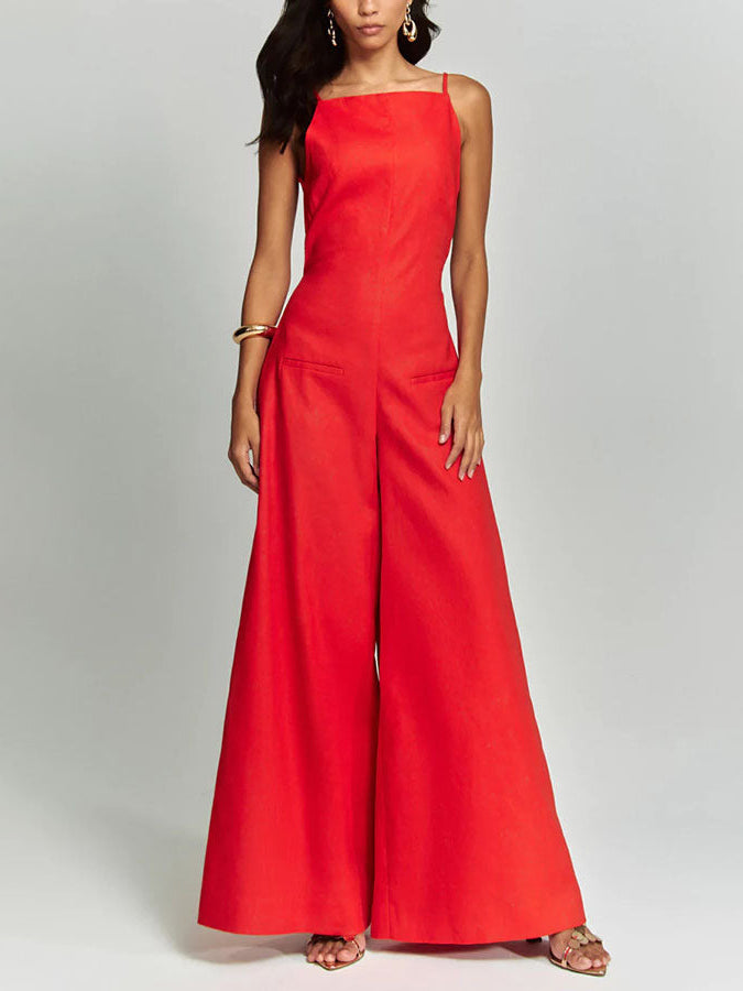 Casual Classic Suspender Wide Leg Jumpsuit Red
