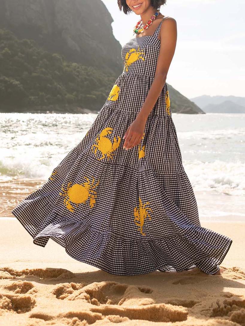 Holiday Embroidered Crab Pattern Swing Maxi Dress Black & Yellow
