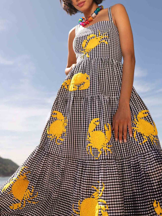 Holiday Embroidered Crab Pattern Swing Maxi Dress