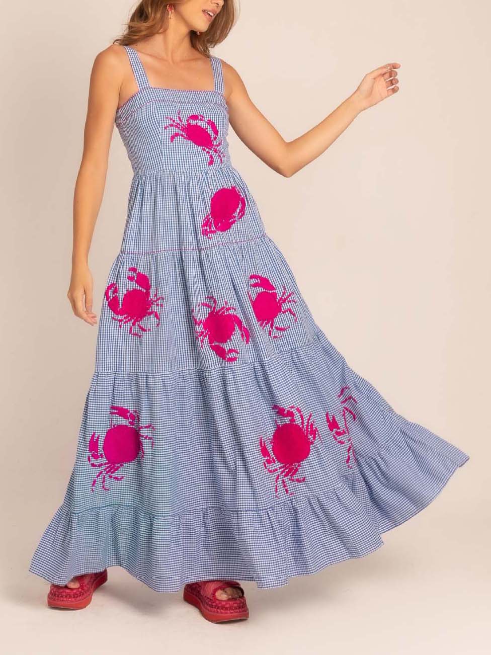 Holiday Embroidered Crab Pattern Swing Maxi Dress Blue & Pink