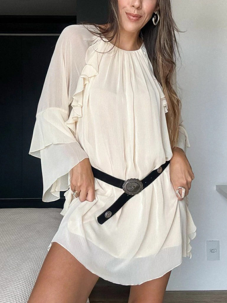 Resort Pleated Tiered Ruffle Mini Dress Apricot