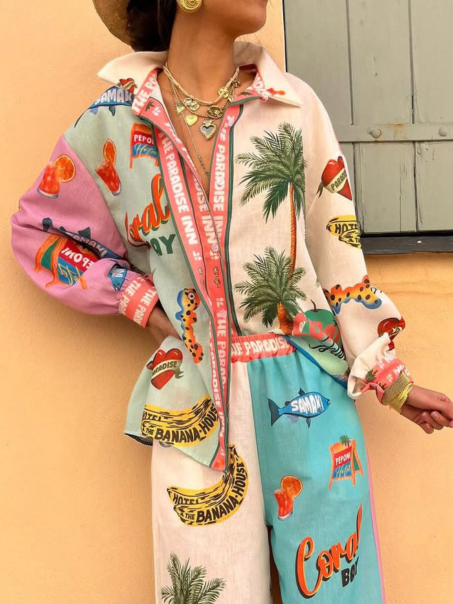 Unique Resort Island Print Long-sleeved Shirt Multi
