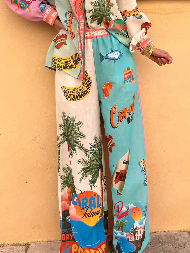 Unique Resort Island Print Elastic Waist Wide-leg Pants Multi