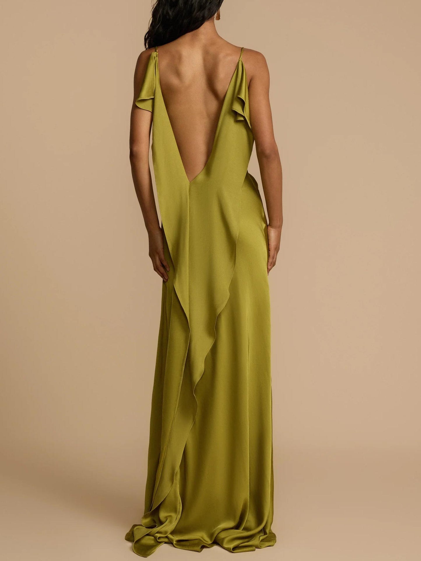 Elegant Satin Ruffled High Slit Maxi Dress