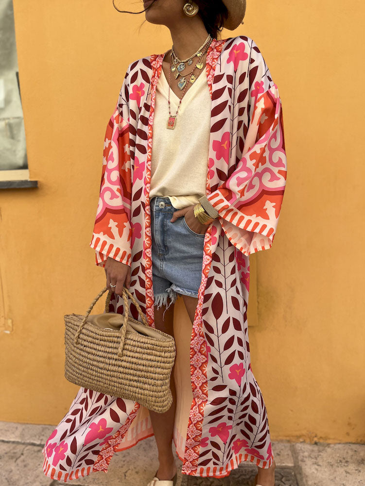 Stunning Floral Print Oversized Cardigan Top Pink