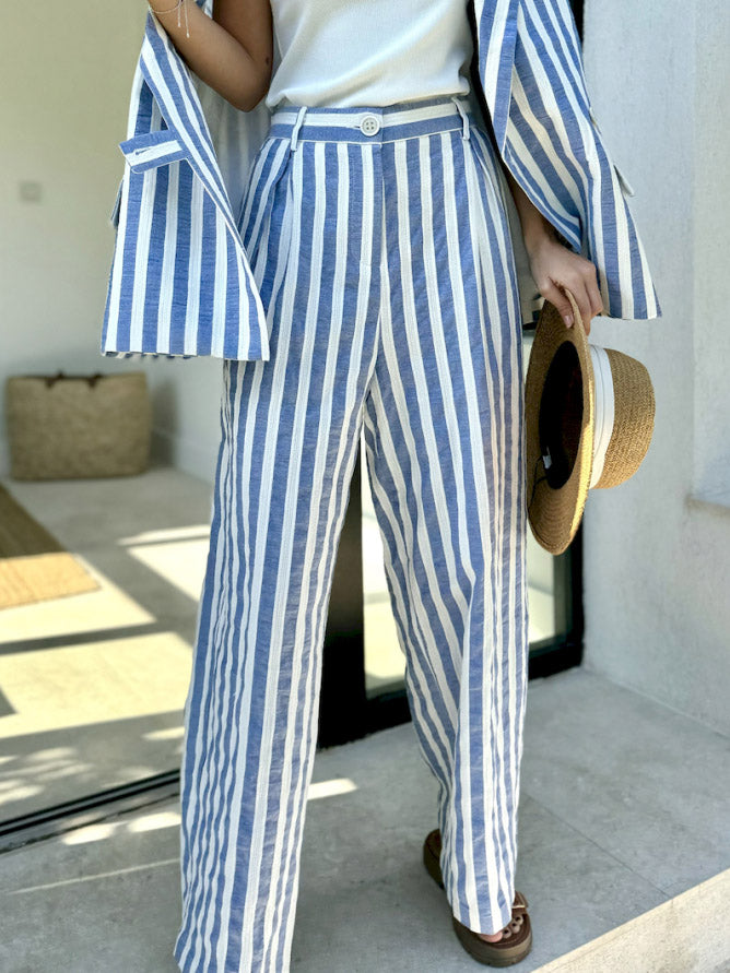 Exquisite Classic Stripe Print Casual Pants Blue