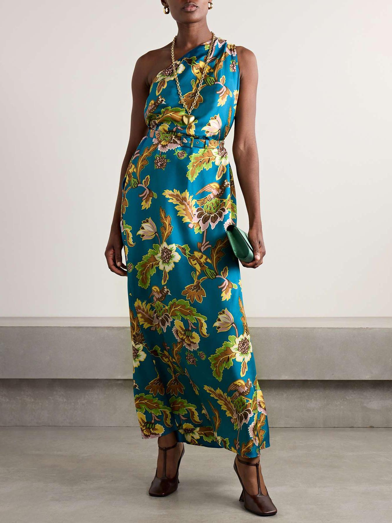 Unique One Shoulder Floral Print Maxi Dress Blue