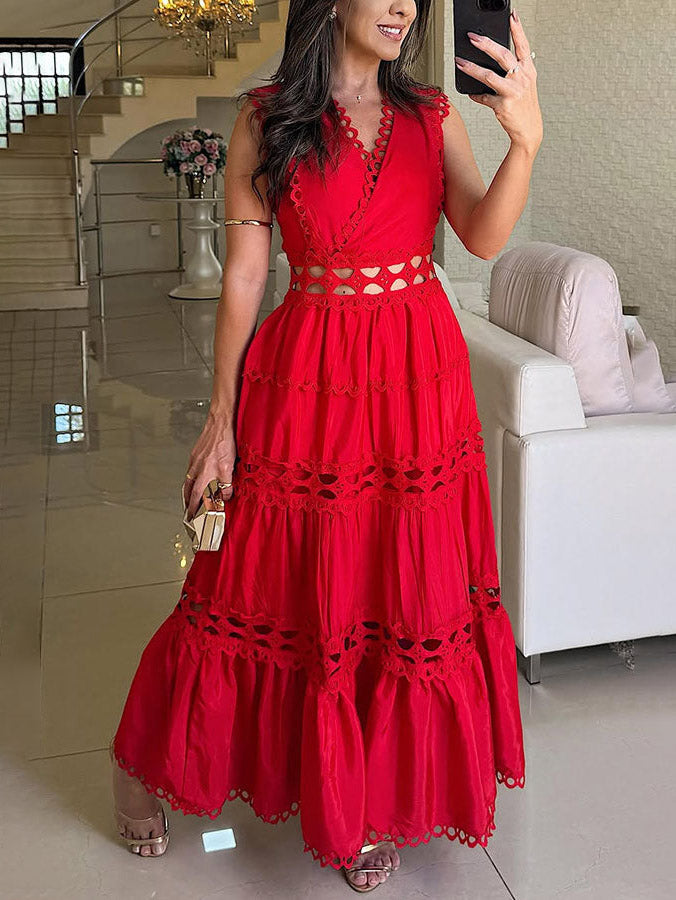 Vintage Sleeveless Lace Embroidered Hollow Maxi Dress Red