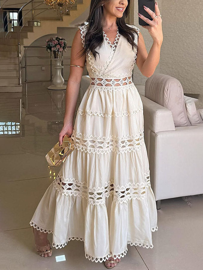 Vintage Sleeveless Lace Embroidered Hollow Maxi Dress Apricot