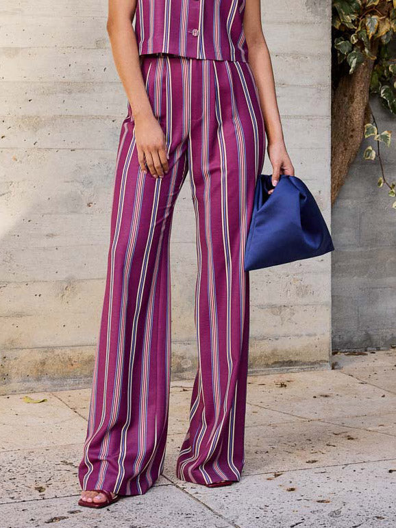 Fashionable Irregular Stripe Print Loose Wide-leg Pants Purple