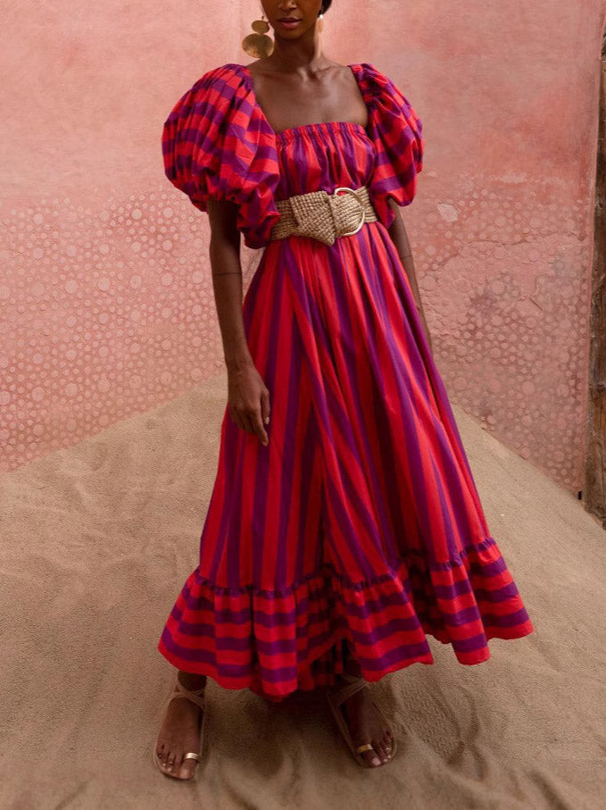 Stunning Unique Stripe Print Puff Sleeve Maxi Dress Pink