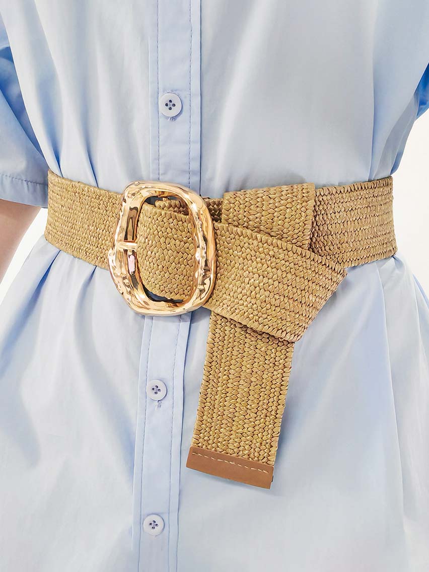 Fashionable Bohemian Straw Elastic Waist Belt Apricot