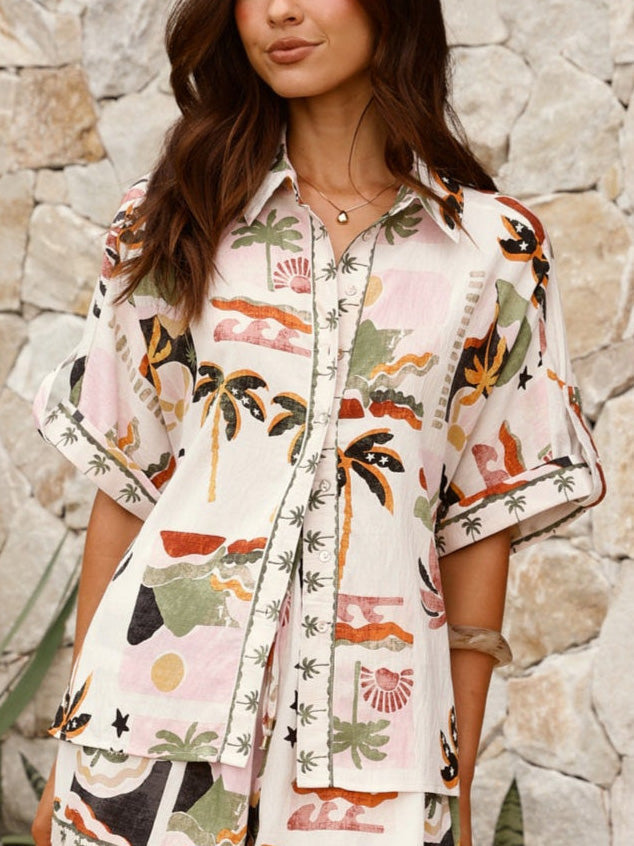 Casual Vacation Desert Palm Print Short-sleeved Shirt White