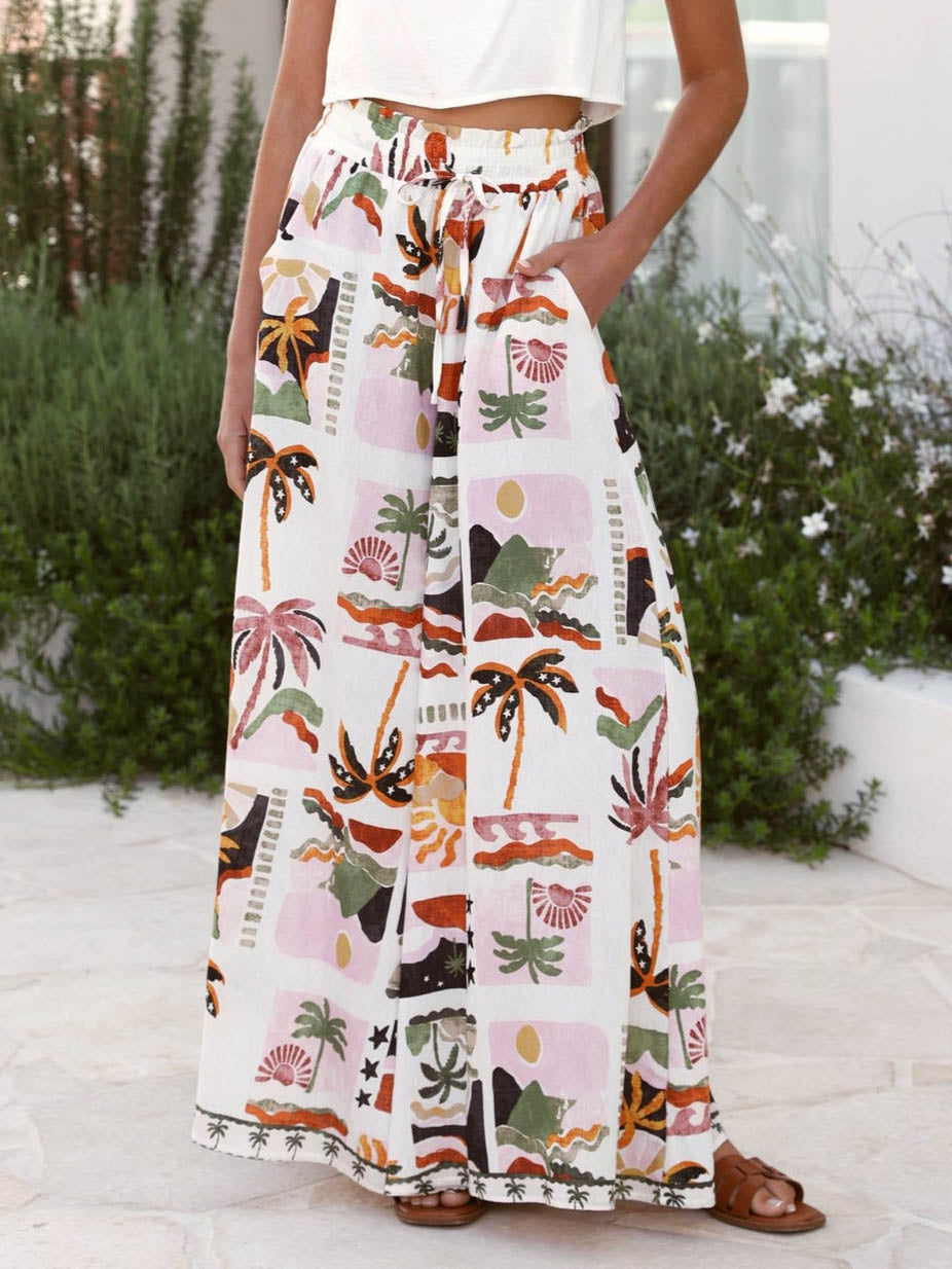 Casual Vacation Desert Palm Print Wide-leg Pants White