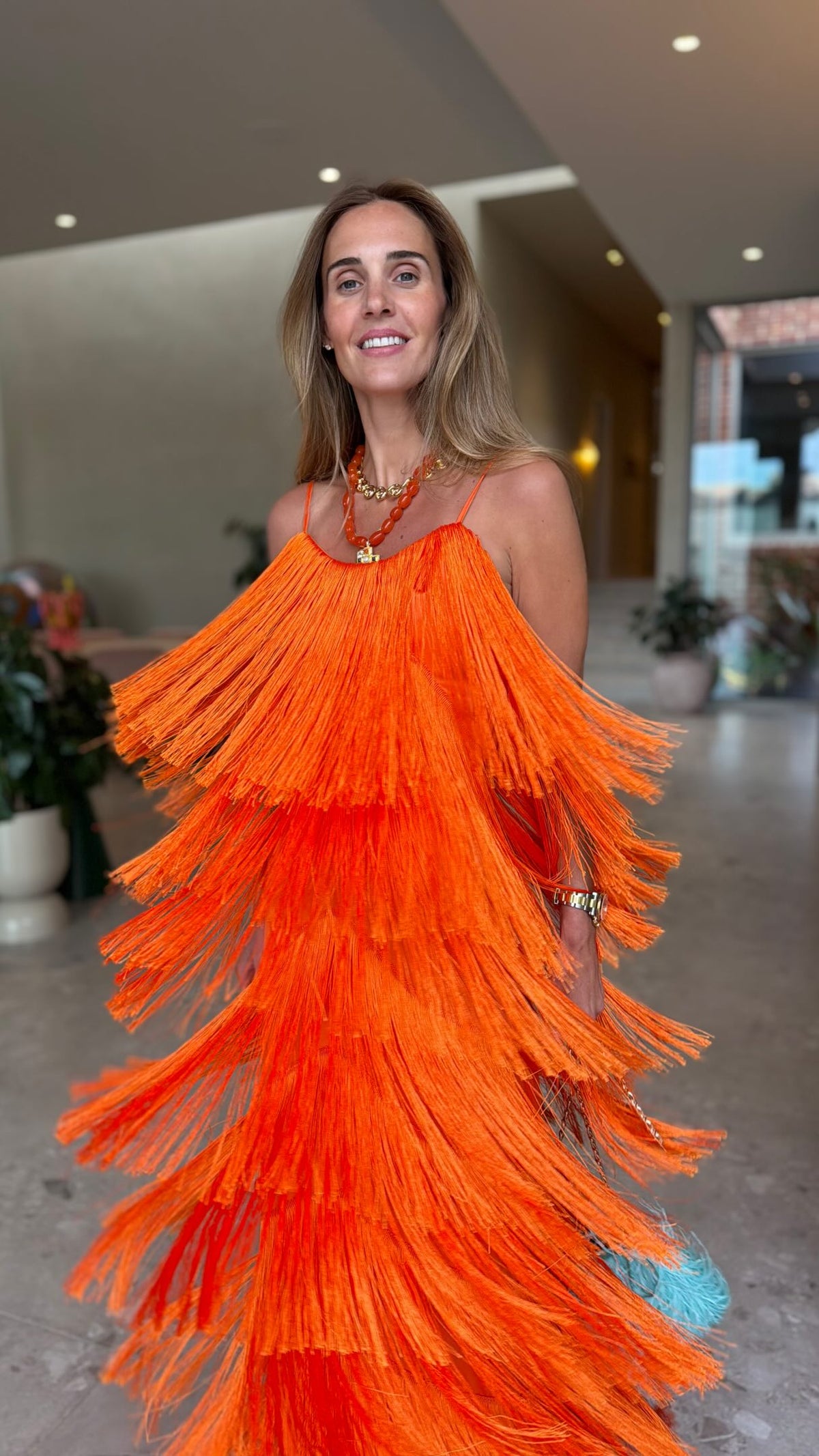 Orange Tiered Fringe Spaghetti Strap Maxi Party Dress