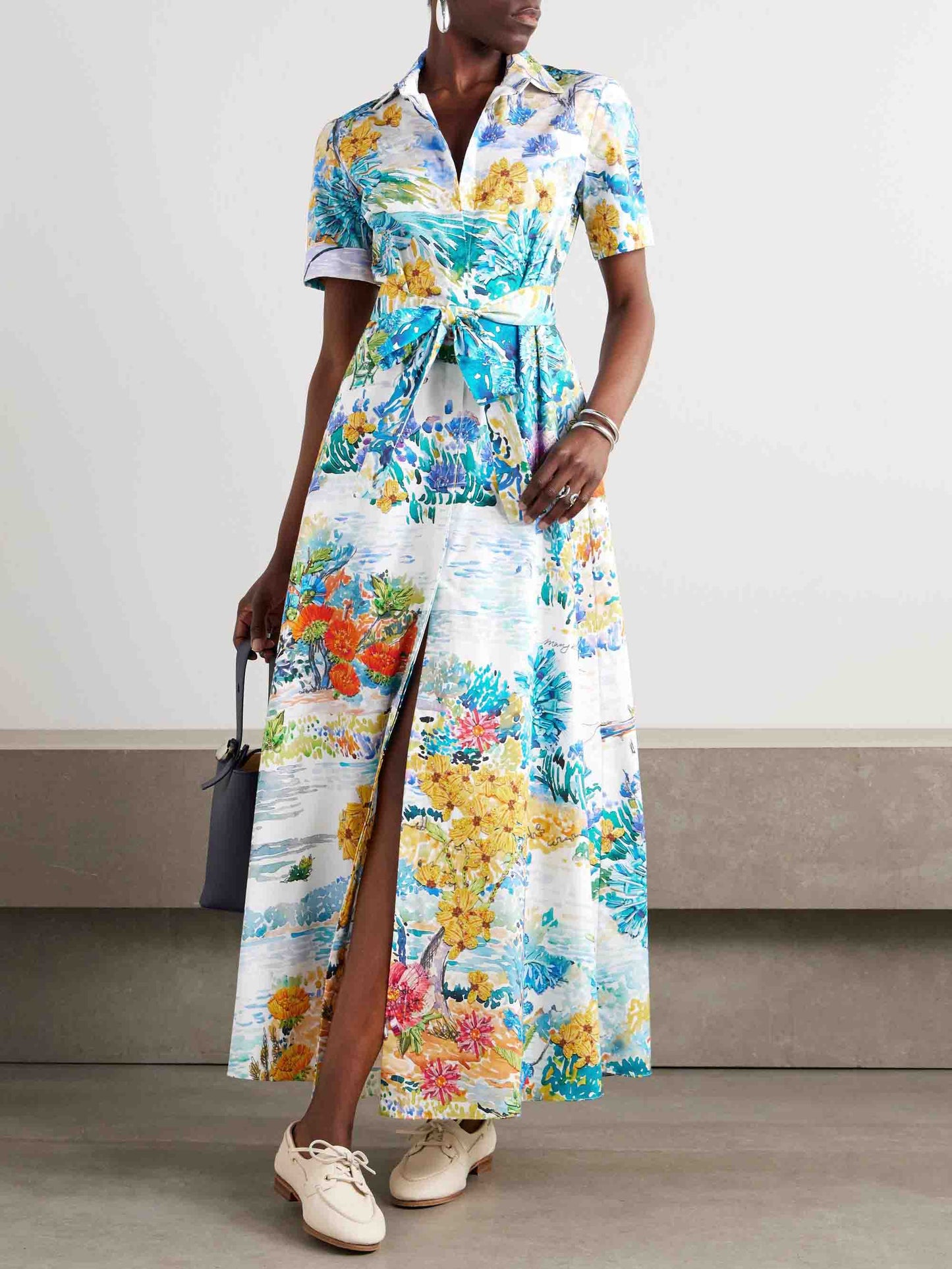 Unique Watercolor Print Tie-Dress Shirt Maxi Dress Blue