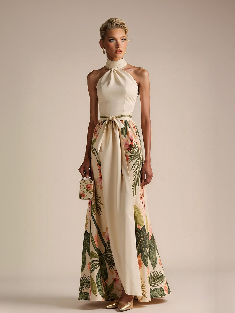 Halter Neck Floral Satin Print Maxi Dress Cream
