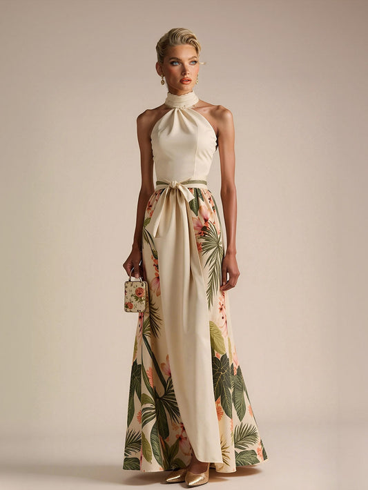 Halter Neck Floral Satin Print Maxi Dress Cream