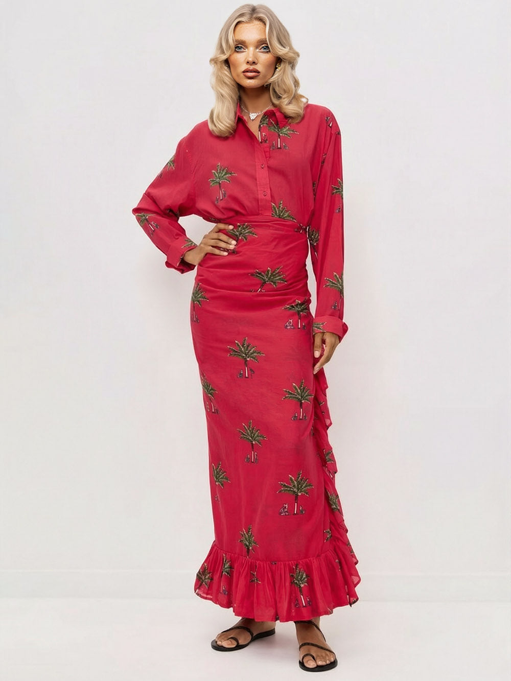 Casual Printed Wrap-Style Tie-Front Skirt Red Set