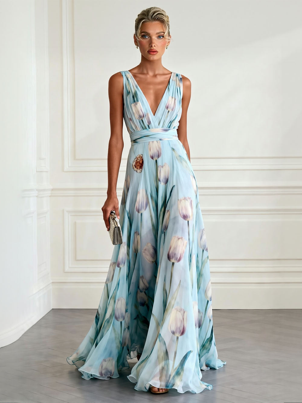 Elegant Tulip Print V-neck Maxi Dress Blue