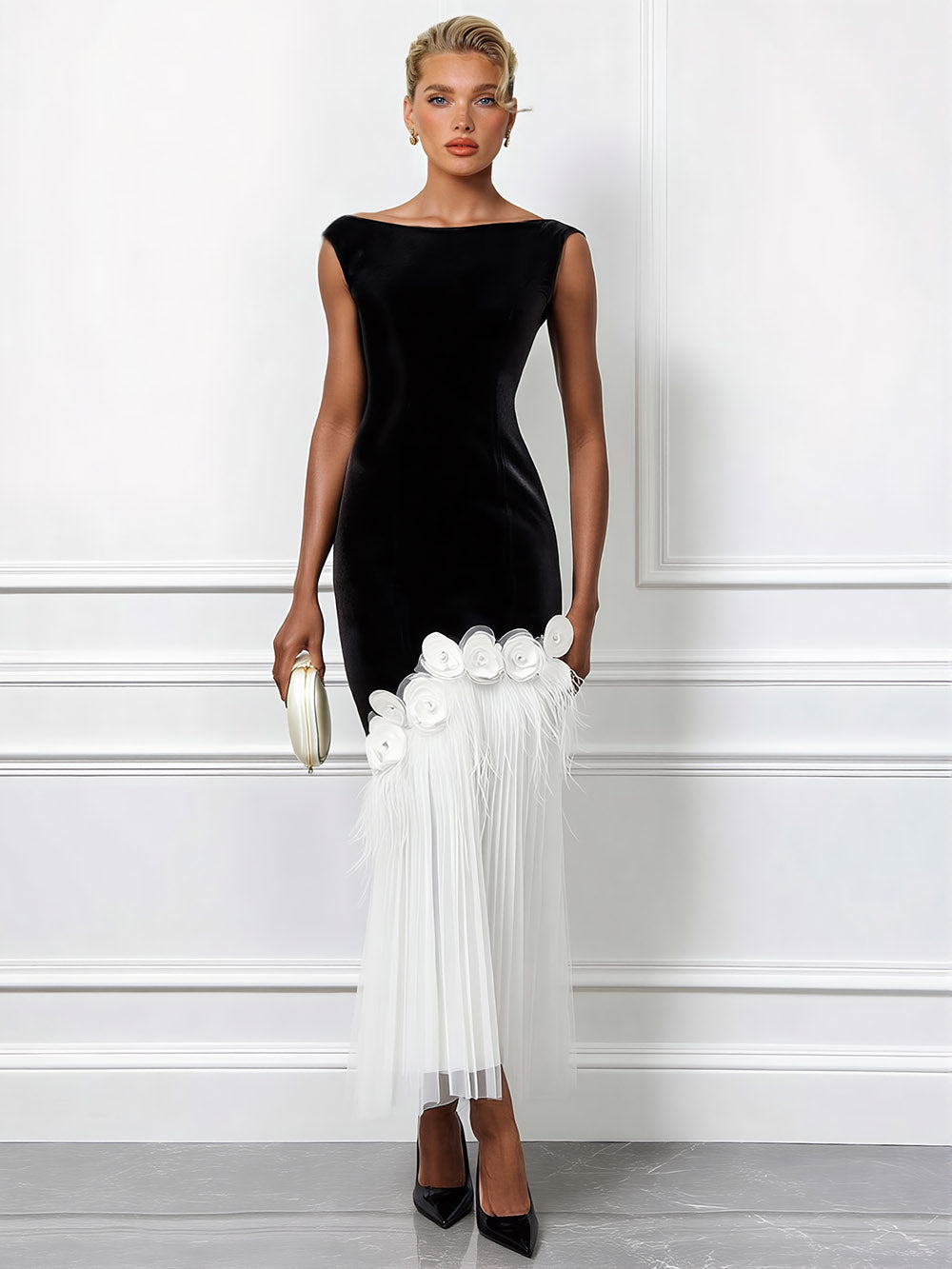 Elegant Floral Feather Tassel Boat Neck Pleated Maxi Dress Black